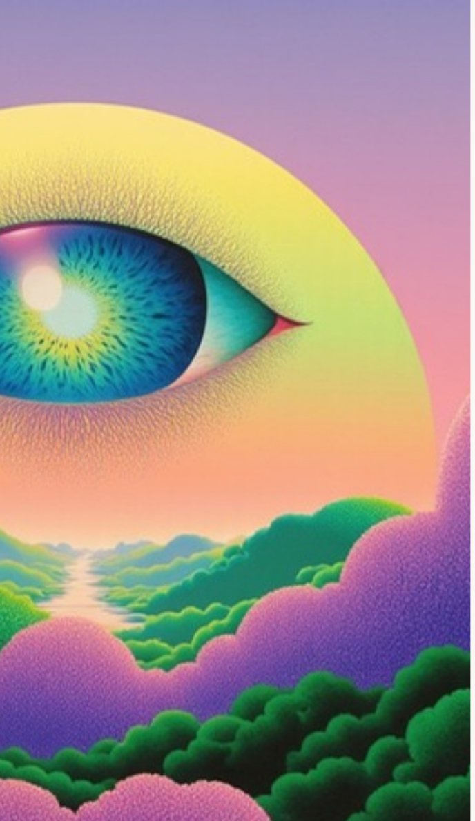 Un gran ojo sobre un paisaje lila y verde