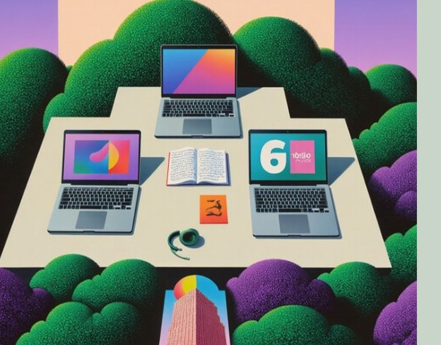 Portátiles en un paisaje lila y verde, la imaginería de Multiplica tus horas
